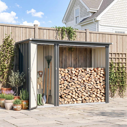 Outdoor Firewood Rack with Tool Cabinet, Galvanized Steel