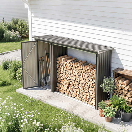 Outdoor Firewood Rack with Tool Cabinet, Galvanized Steel