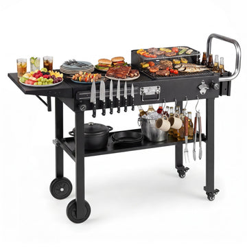 Outdoor Foldable Grill Cart with Tabletop and Storage Shelf