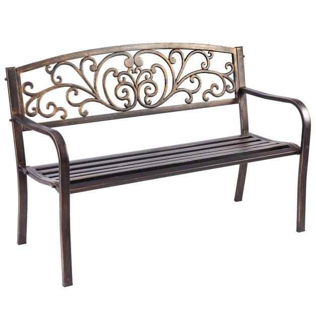 Outdoor Garden Bench, Cast Iron Steel, 2-3 Seater, Bronze