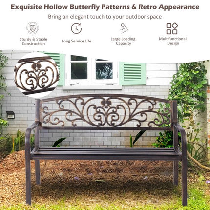 Outdoor Garden Bench, Cast Iron Steel, 2-3 Seater, Bronze