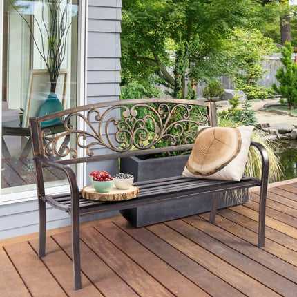 Outdoor Garden Bench, Cast Iron Steel, 2-3 Seater, Bronze