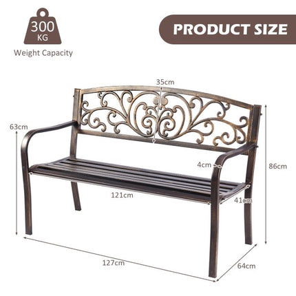 Outdoor Garden Bench, Cast Iron Steel, 2-3 Seater, Bronze