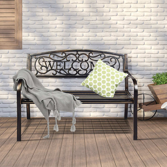 Outdoor Garden Bench, Steel Frame, Bronze, 50 Inch