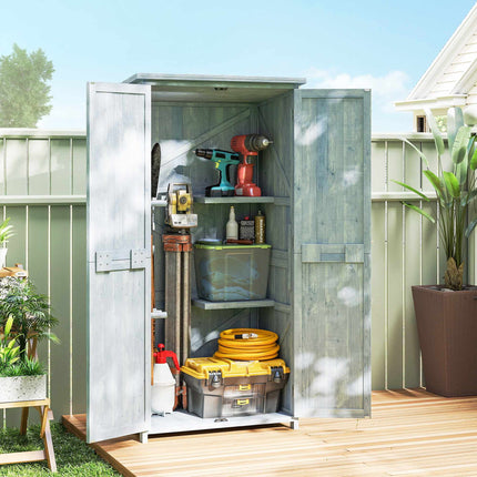 Outdoor Garden Cabinet with Shelves and Hooks, Grey Wood