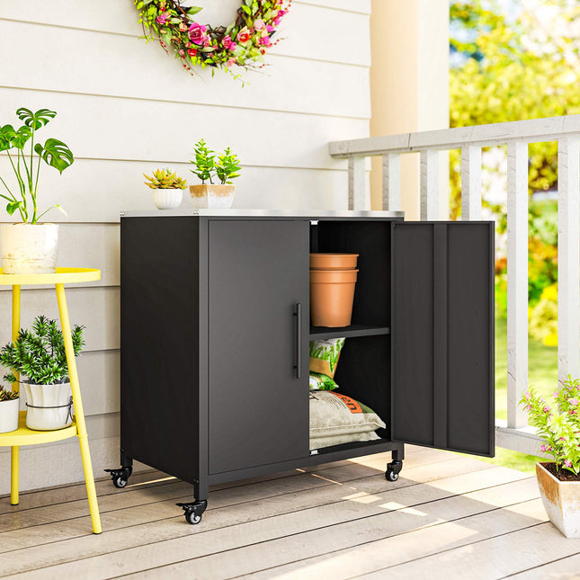 Outdoor Garden Cabinet with Stainless Steel Top, Mobile