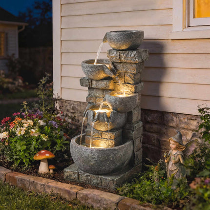 Outdoor Garden Fountain with 5-Tier Waterfall and LEDs