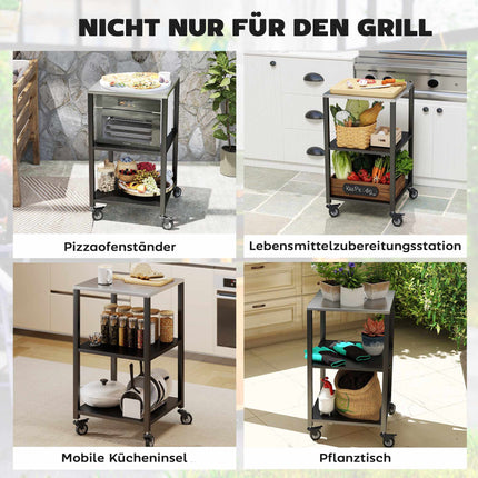 Outdoor Grill Cart, 3-Tier Stainless Steel, Mobile 50x50x90 cm