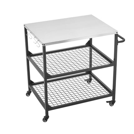 Outdoor Grill Cart, Stainless Top, 2 Mesh Shelves, Wheels