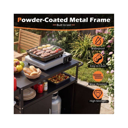 Outdoor Grill Cart with Cabinet and 82 x 45 cm Worktop, Black, Lockable Casters