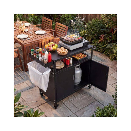 Outdoor Grill Cart with Cabinet and 82 x 45 cm Worktop, Black, Lockable Casters