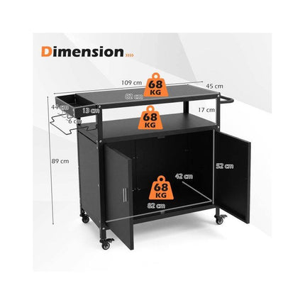 Outdoor Grill Cart with Cabinet and 82 x 45 cm Worktop, Black, Lockable Casters