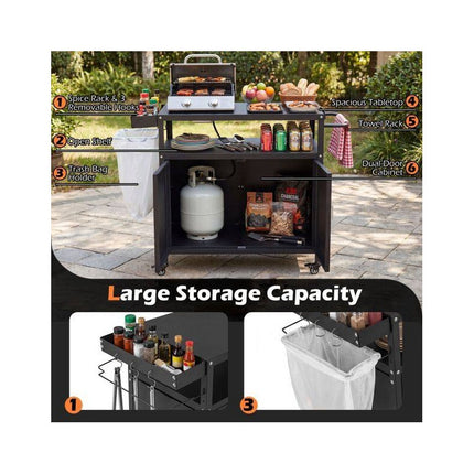 Outdoor Grill Cart with Cabinet and 82 x 45 cm Worktop, Black, Lockable Casters