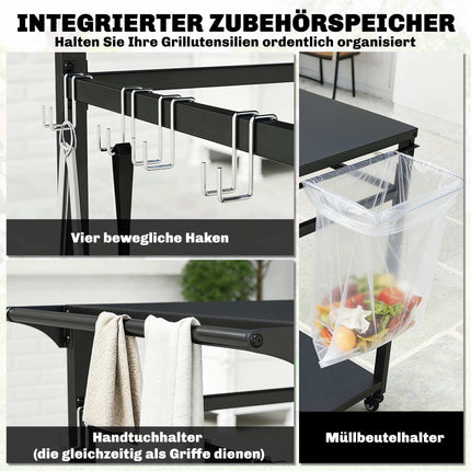 Outdoor Grill Cart with Wheels, 2-Tier, Black, 113x50.5x88 cm