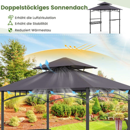 Outdoor Grill Gazebo with Double Roof & Side Shelves