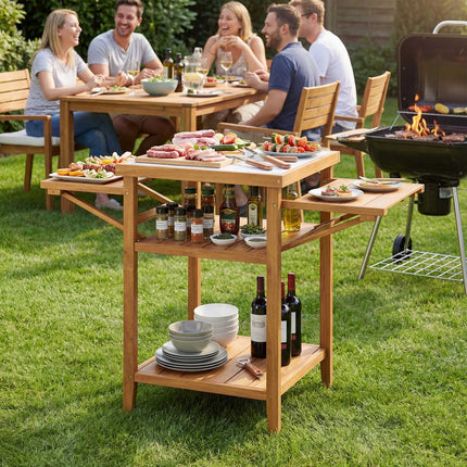 Outdoor Grill Table, Acacia Wood, Faux Marble Top, Drop-Leaf Sides