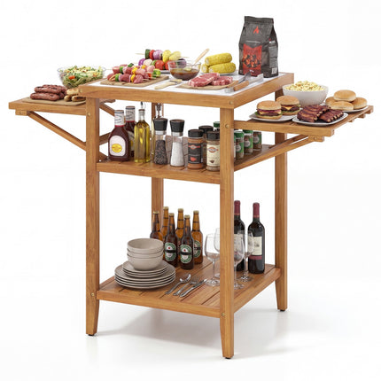 Outdoor Grill Table, Acacia Wood, Faux Marble Top, Drop-Leaf Sides