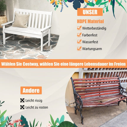 Outdoor HDPE Garden Bench, Weatherproof, Seats 2-3, White