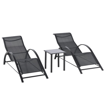 Outdoor Lounge Set, 2 Recliners & Side Table, Black Fabric