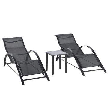 Outdoor Lounge Set, 2 Recliners & Side Table, Black Fabric