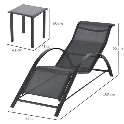 Outdoor Lounge Set, 2 Recliners & Side Table, Black Fabric