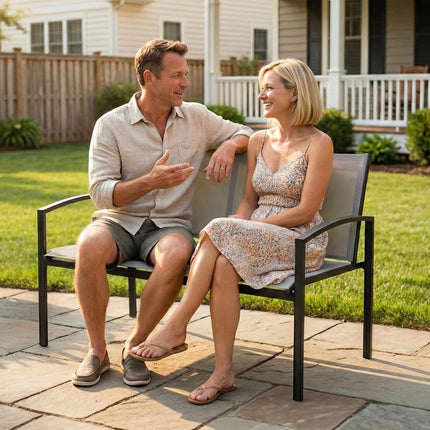 Outdoor Metal Bench, 2-Seater, Breathable Fabric, Grey