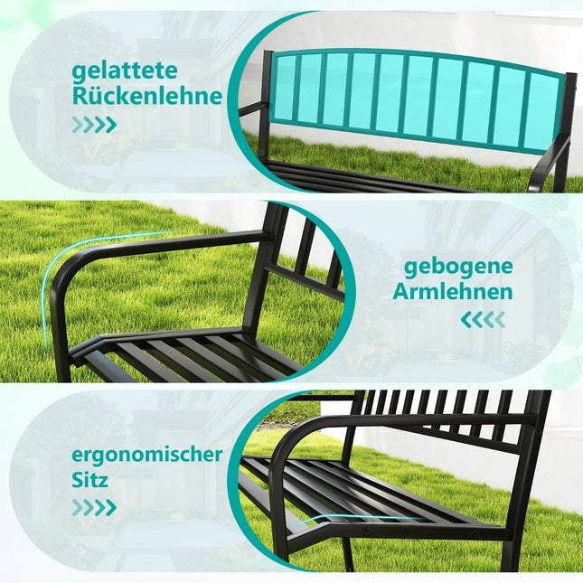 Outdoor Metal Garden Bench, Weatherproof, Seats 2-3, Black
