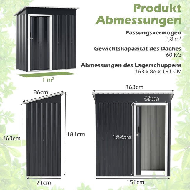 Outdoor Metal Storage Shed, 163 x 86 cm, Lockable Door