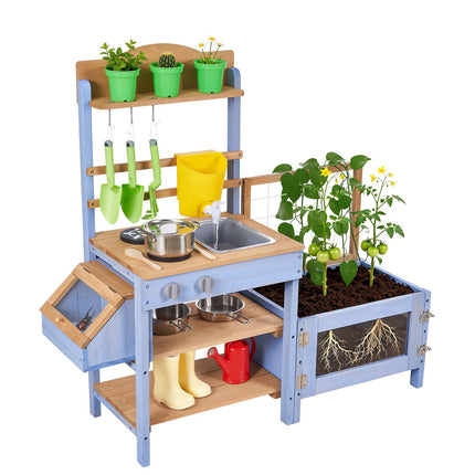 Outdoor Mud Kitchen for Kids, Fir Wood, Sink, Planter
