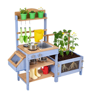 Outdoor Mud Kitchen for Kids, Fir Wood, Sink, Planter