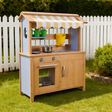 Outdoor Mud Kitchen for Kids, Fir Wood Sink and Canopy
