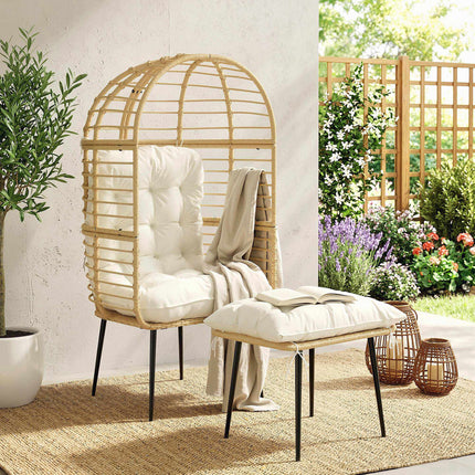 Outdoor PE Rattan Egg Chair With Ottoman, Cushions, Beige