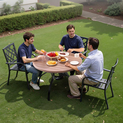 Outdoor Patio Dining Table, 103cm Round Steel Slat, Umbrella Hole