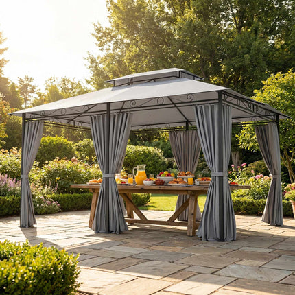 Outdoor Pavilion with Curtains, Ventilated Roof, Dark Grey