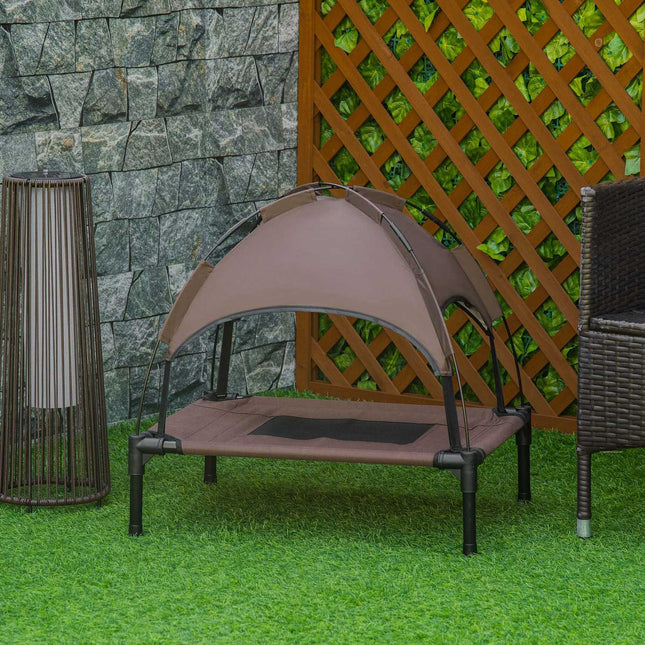 Elevated outdoor dog bed with canopy, breathable fabric, coffee