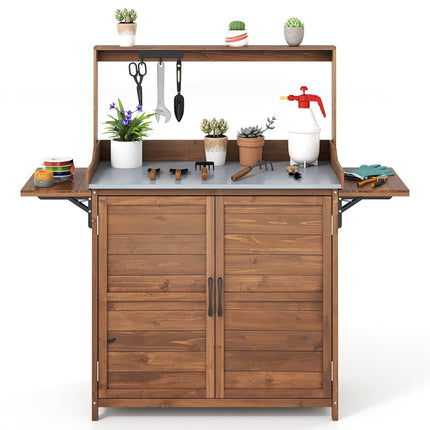 Outdoor Potting Bench with Galvanized Top, Foldable Sides