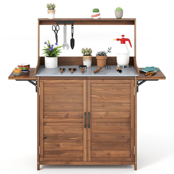 Outdoor Potting Bench with Galvanized Top, Foldable Sides