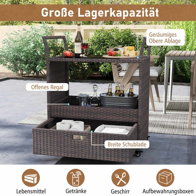Outdoor Rattan Bar Cart with Glass Top and Storage
