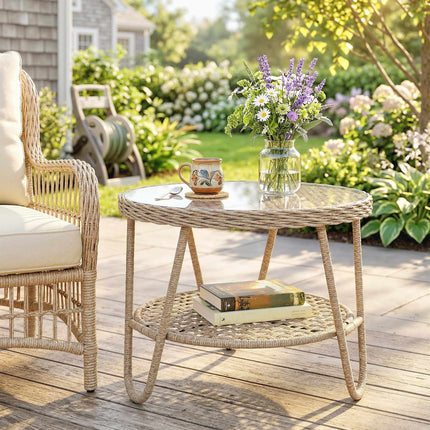 Outdoor Rattan Coffee Table, 2-Tier, Glass Top, Adjustable Feet