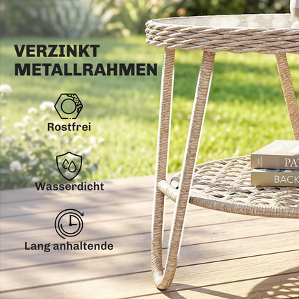 Outdoor Rattan Coffee Table, 2-Tier, Glass Top, Adjustable Feet