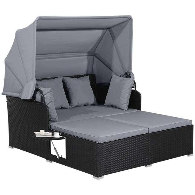 Outdoor Rattan Daybed for 2 with Canopy and Trays