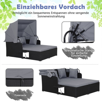 Outdoor Rattan Daybed for 2 with Canopy and Trays