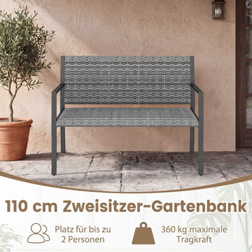 Outdoor Rattan Garden Bench, Grey – 2-Seater with Armrests