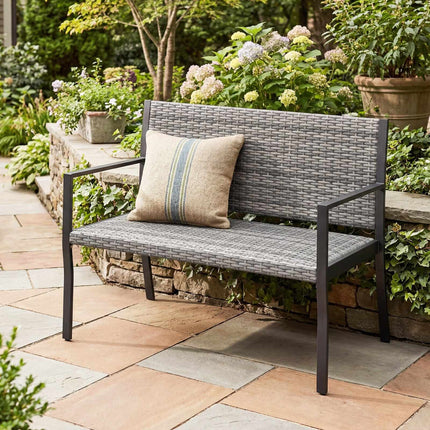 Outdoor Rattan Garden Bench, Grey – 2-Seater with Armrests
