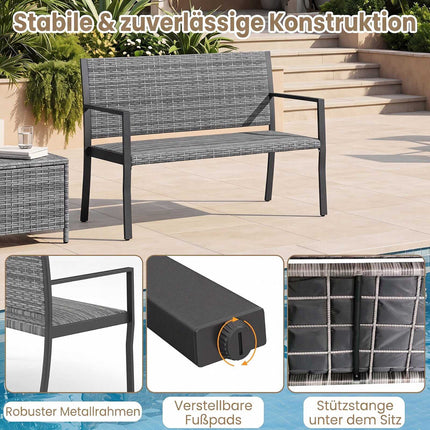 Outdoor Rattan Garden Bench, Grey – 2-Seater with Armrests