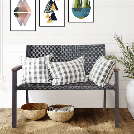Outdoor Rattan Loveseat Bench, Acacia Armrests, 45 Inch