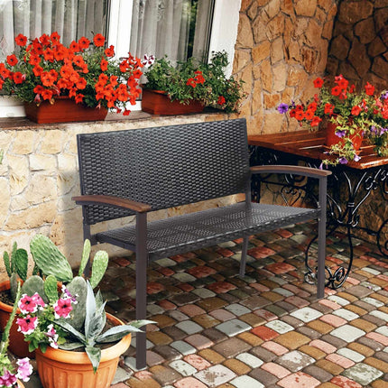 Outdoor Rattan Loveseat Bench, Acacia Armrests, 45 Inch