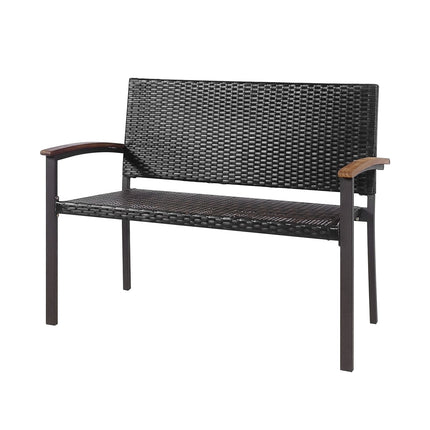 Outdoor Rattan Loveseat Bench, Acacia Armrests, 45 Inch