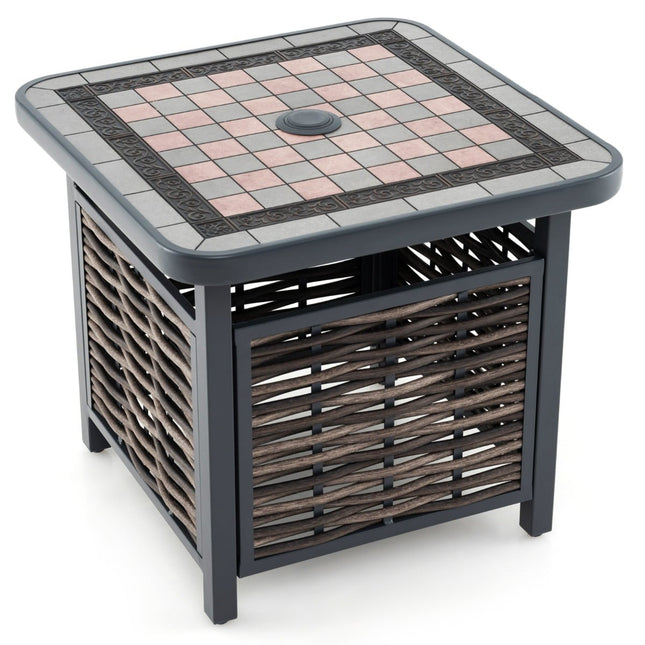 Outdoor Rattan Side Table with Resin Top & Umbrella Hole