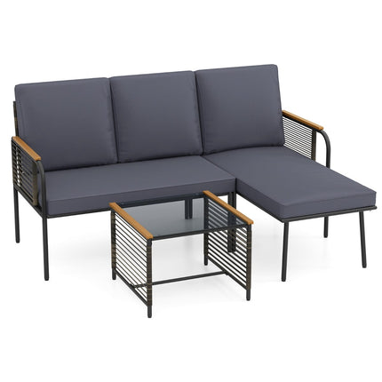 Outdoor Rattan Sofa Set with Cushions & Glass Table